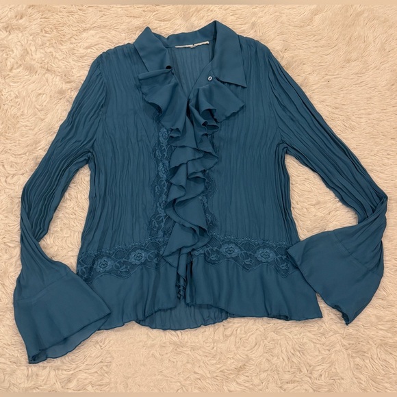 Vintage Y2K White Stag Button Down Ruffle Top Blouse Large (12/14) Blue Romantic - Picture 5 of 8